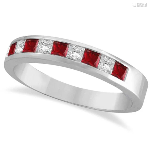 Princess-Cut Channel-Set Diamond and Ruby Ring Band 14k