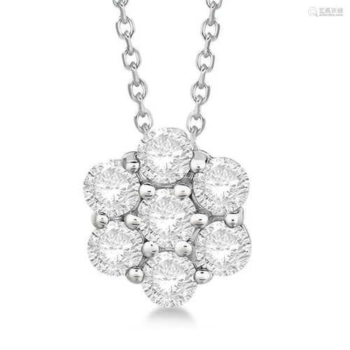 Cluster Diamond Flower Pendant Necklace 14K White Gold