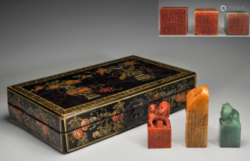 A Group of Shoushan Seals with Lacquer Box Qing Dynasty