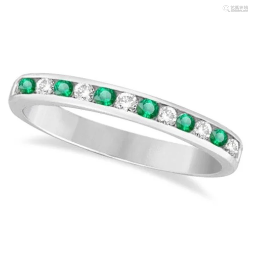 Channel-Set Emerald and Diamond Ring Band 14k White Gol