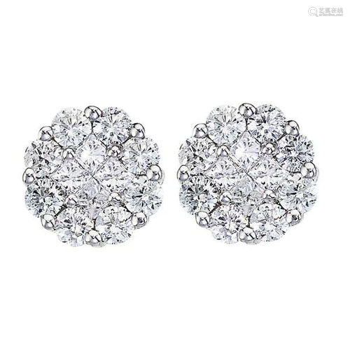 Diamond Clusters Flower Stud Earrings in 14k White Gold