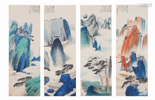 Four Pages of Chinese Scroll Painting By Zhang Daqian