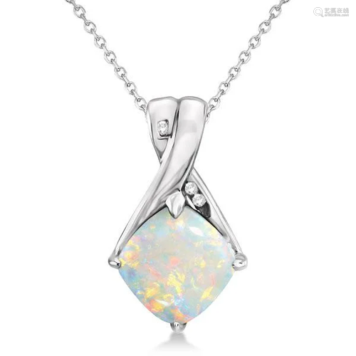 Diamond and Cushion Opal Pendant Necklace 14k White Gol