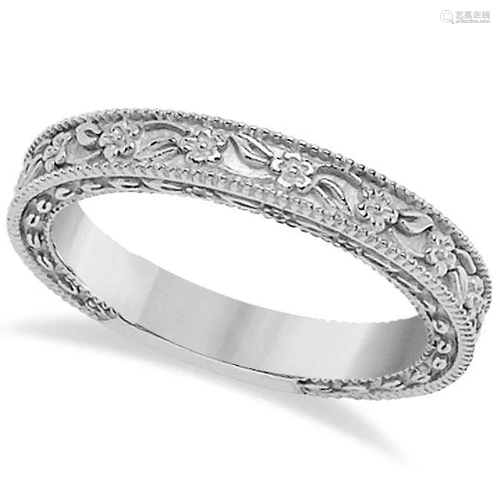 Carved Floral Designed Wedding Band Anniversary Ring in