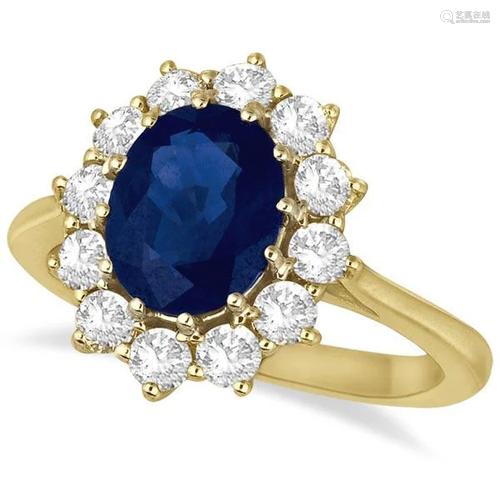 Oval Blue Sapphire and Diamond Accented Ring 14k Yellow