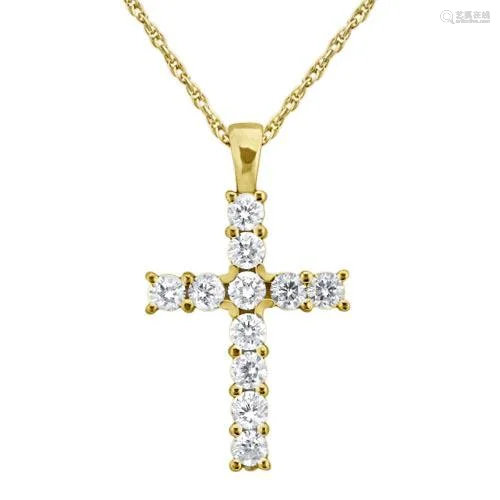 Prong-Set Diamond Cross Pendant Necklace 14k Yellow Gol