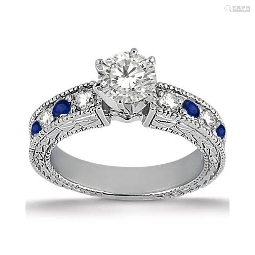 Antique style Diamond and Blue Sapphire Engagement Ring