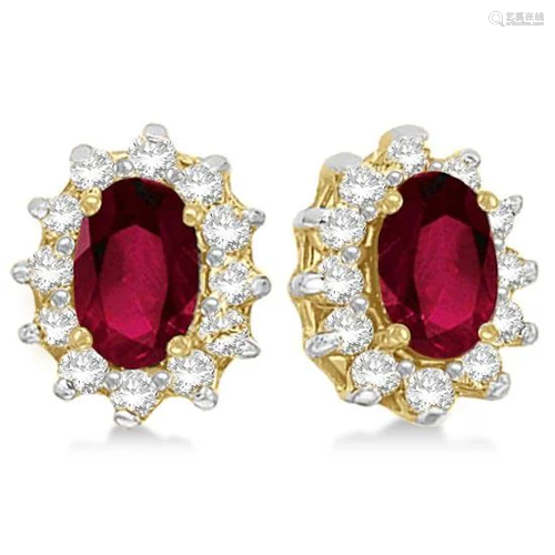 Oval Ruby and Diamond Accented Earrings 14k Yellow Gold