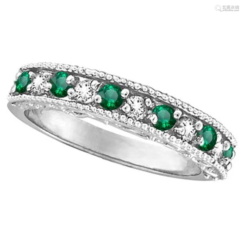 Emerald and Diamond Ring Anniversary Band 14k White Gol