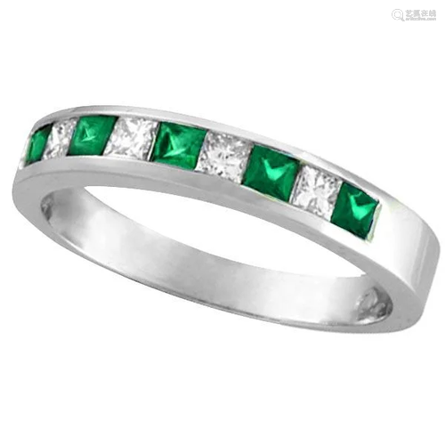 Princess-Cut Diamond and Emerald Ring Band 14k White Go