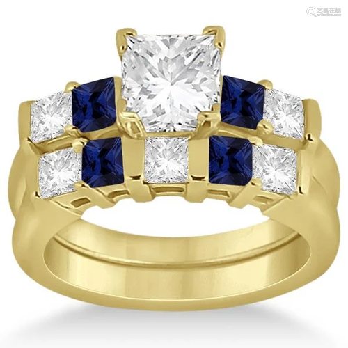 5 Stone Diamond and Blue Sapphire Bridal Set 18k Yellow