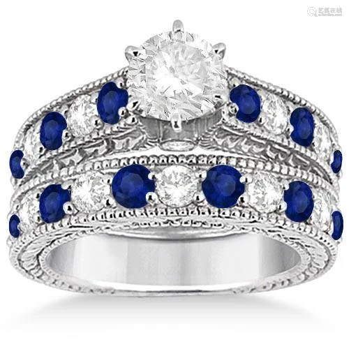 Antique style Diamond and Sapphire Bridal Ring Set 14k