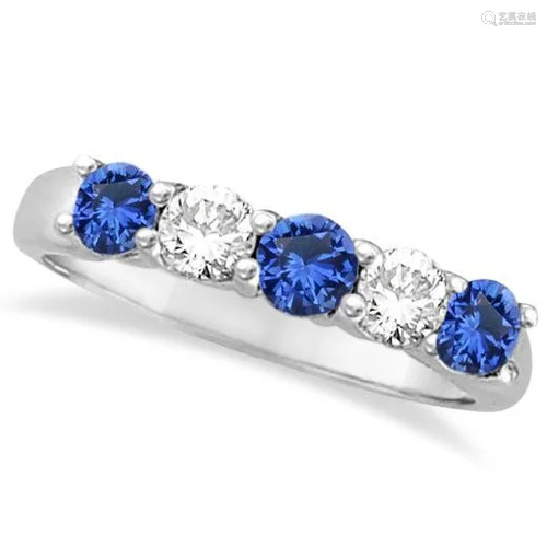 Five Stone Blue Sapphire and Diamond Ring 14k White Gol