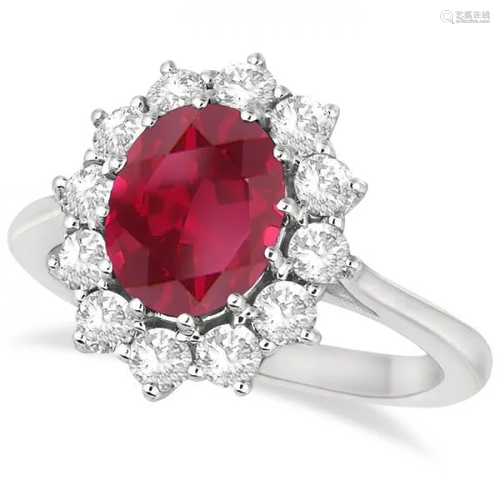 Oval Ruby and Diamond Ring 14k White Gold 3.60ctw