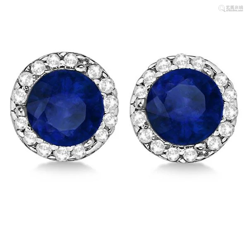 Diamond and Blue Sapphire Earrings Halo 14K White Gold