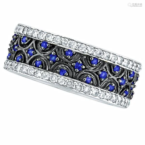 Blue Sapphire and Diamond Eternity Band 14k White Gold