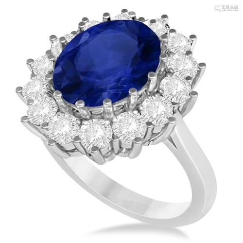 Oval Blue Sapphire and Diamond Accented Ring 14k White