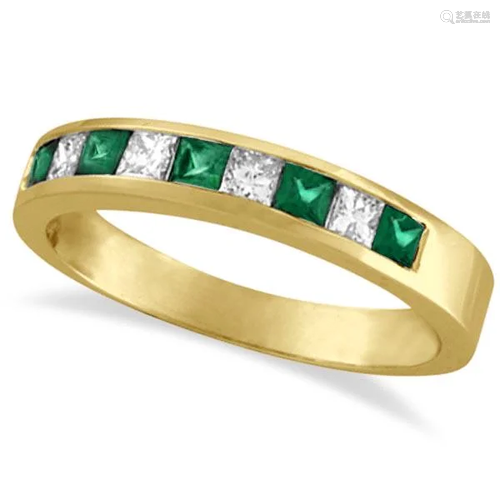 Princess-Cut Diamond and Emerald Ring Band 14k Yellow G