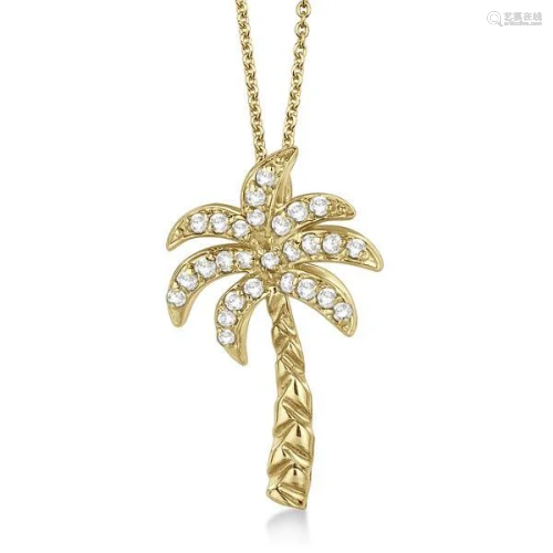 Palm Tree Shaped Diamond Pendant Necklace 14k Yello…