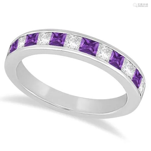 Channel Amethyst and Diamond Wedding Ring 14k White Gol