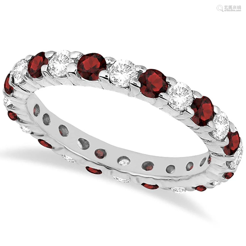 Eternity Diamond and Garnet Ring Band 14k White Gold 2.