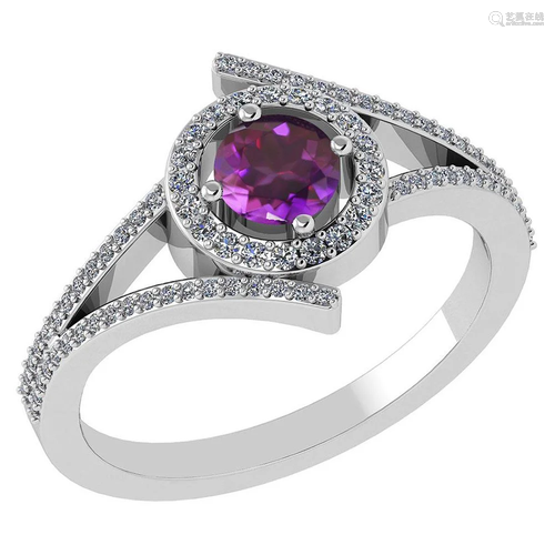 0.73 Ctw Amethyst And Diamond 14k White Gold Halo Ring