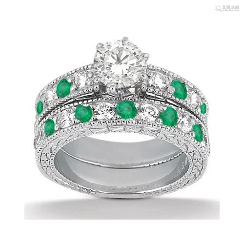 1.75Ctw Antique style Diamond &Emerald Bridal Set 14kw