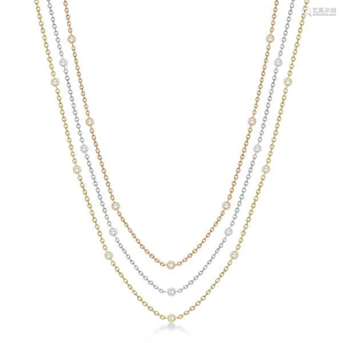 Three-Strand Diamond Station Necklace in 14k Three-Tone