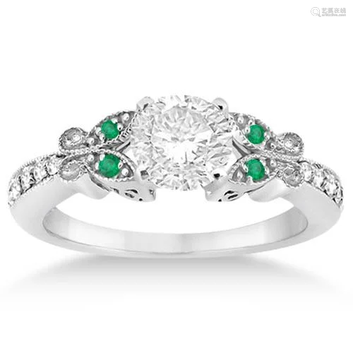 Butterfly Diamond and Emerald Engagement Ring 14k White