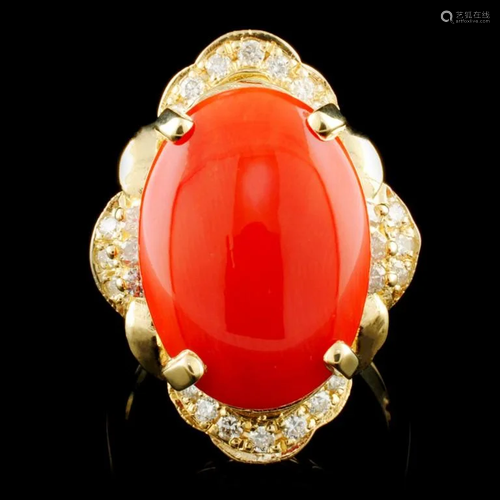 14K Gold 11.50ct Coral & 0.80ctw Diamond Ring