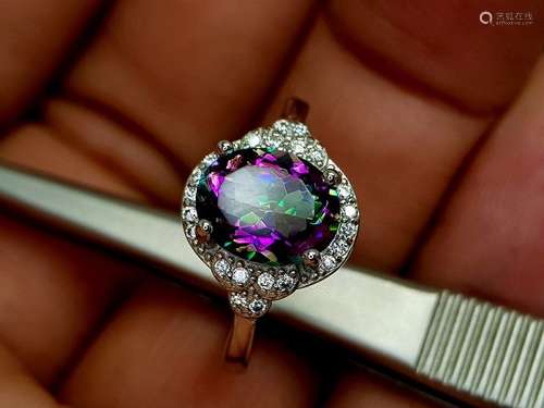 925 silver ring with natural mystic quartz and zircons