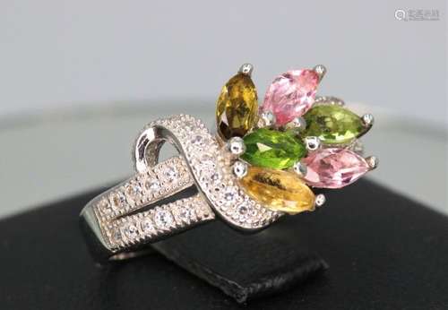 925 silver ring with 6 tourmalines and zircons