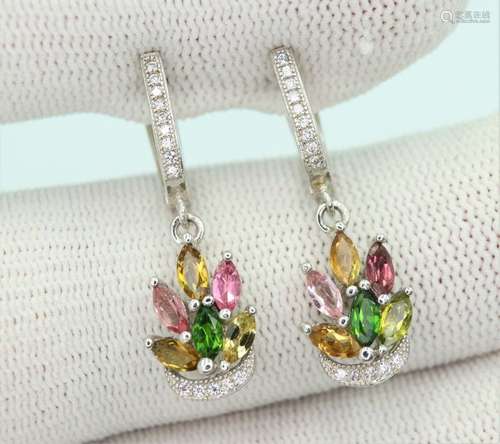 Pair of 925 silver earrings with 6 tourmalines and zircons