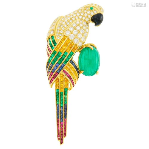 Gold, Diamond, Colored Stone and Carved Emerald Parrot