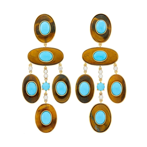 Pair of Gold, Tiger's Eye, Turquoise and Diamond
