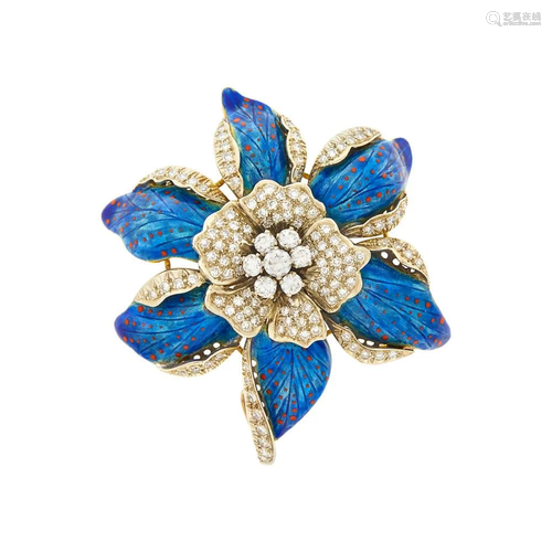 Two-Color Gold, Enamel and Diamond Flower