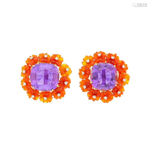 Pair of Gold, Amethyst, Carved Carnelian and Diamond