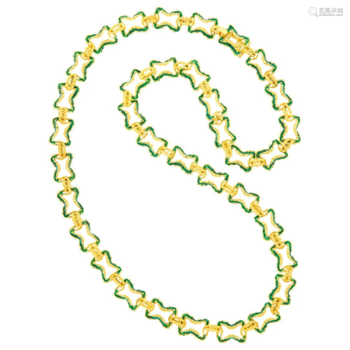Long Gold and Green Enamel Link Necklace