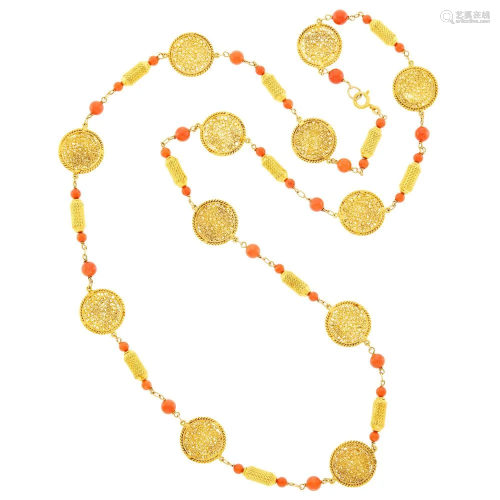 Long Gold and Coral Bead Link Necklace