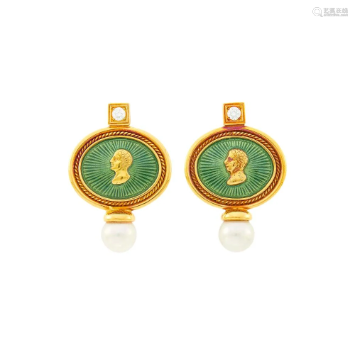 Elizabeth Gage Pair of Gold, Green Guilloché