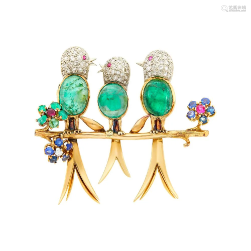 Two-Color Gold, Cabochon Emerald, Colored Stone and