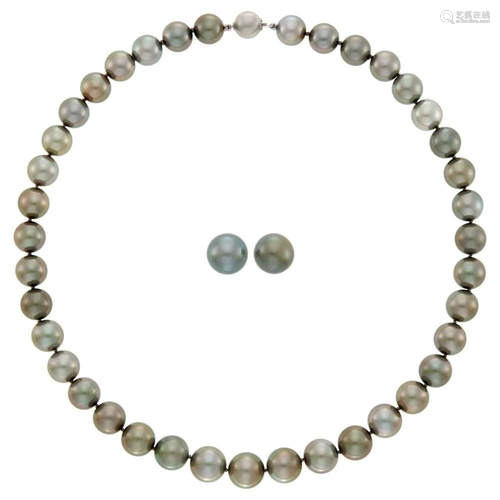 Tahitian Gray Cultured Pearl Necklace and Pair of White