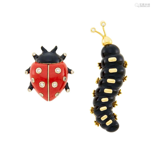 Gold, Red Hardstone, Black Enamel and Diamond Lady Bug