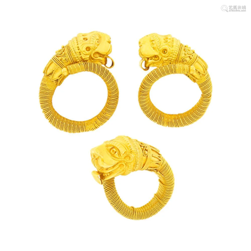 Pair of High Karat Gold Chimera Hoop Earclips and Ring