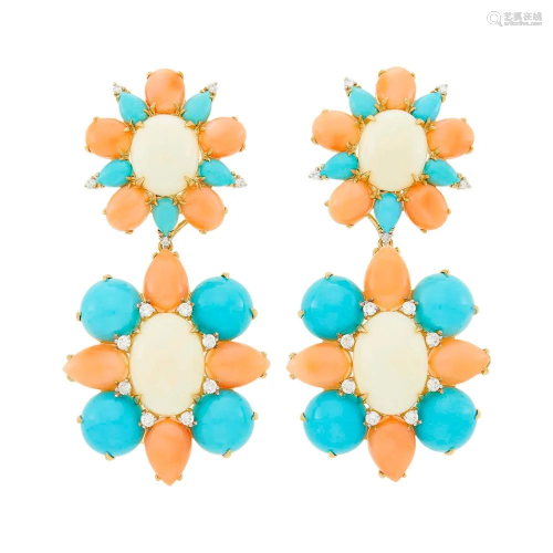 Pair of Gold, Bicolor Coral, Turquoise and Diamond