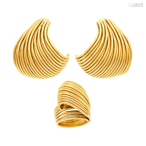 Pair of Gold Wire Earclips and Ring