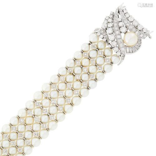 Four Strand Cultured Pearl, White Gold and Diamond