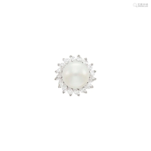 White Gold, South Sea Cultured Pearl and Diamond Ring