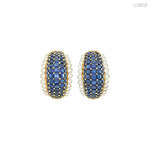 Pair of Two-Color Gold, Sapphire and Diamond Earclips