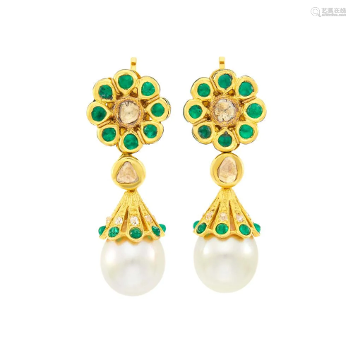 Pair of Indian Gold, Foil-Backed Diamond, Emerald,